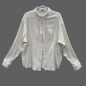 MIOU MUSE Off White Gauze Cotton Pearl Button Side Split Long Sleeve Raw Hem L